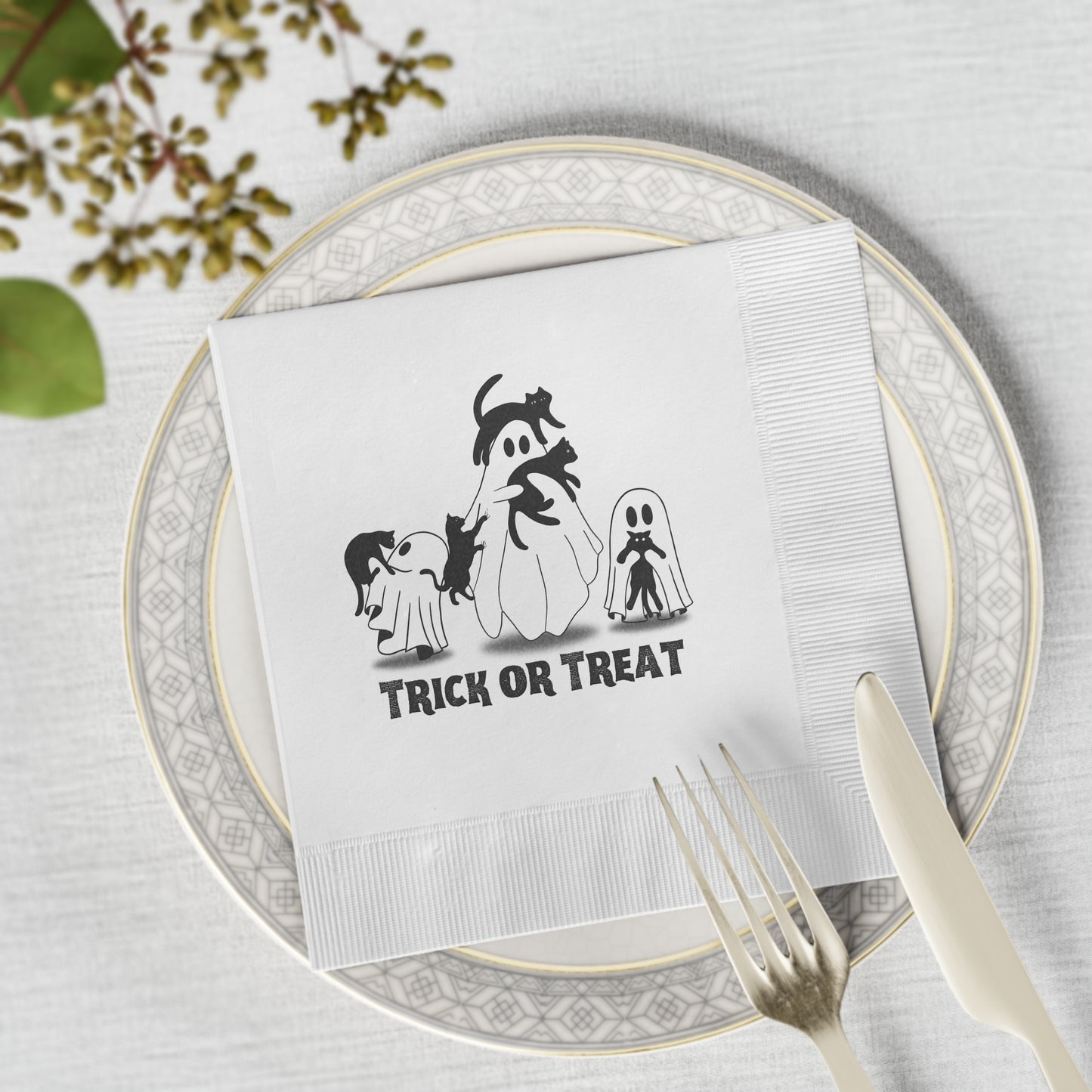 Kitty Trick or Treat White Coined Napkins