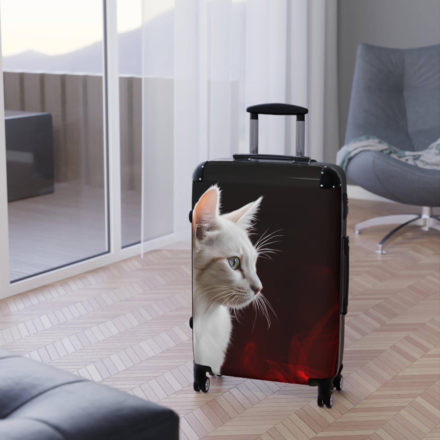 White Cat Design Suitcase - Stylish Travel Luggage for Cat Lovers