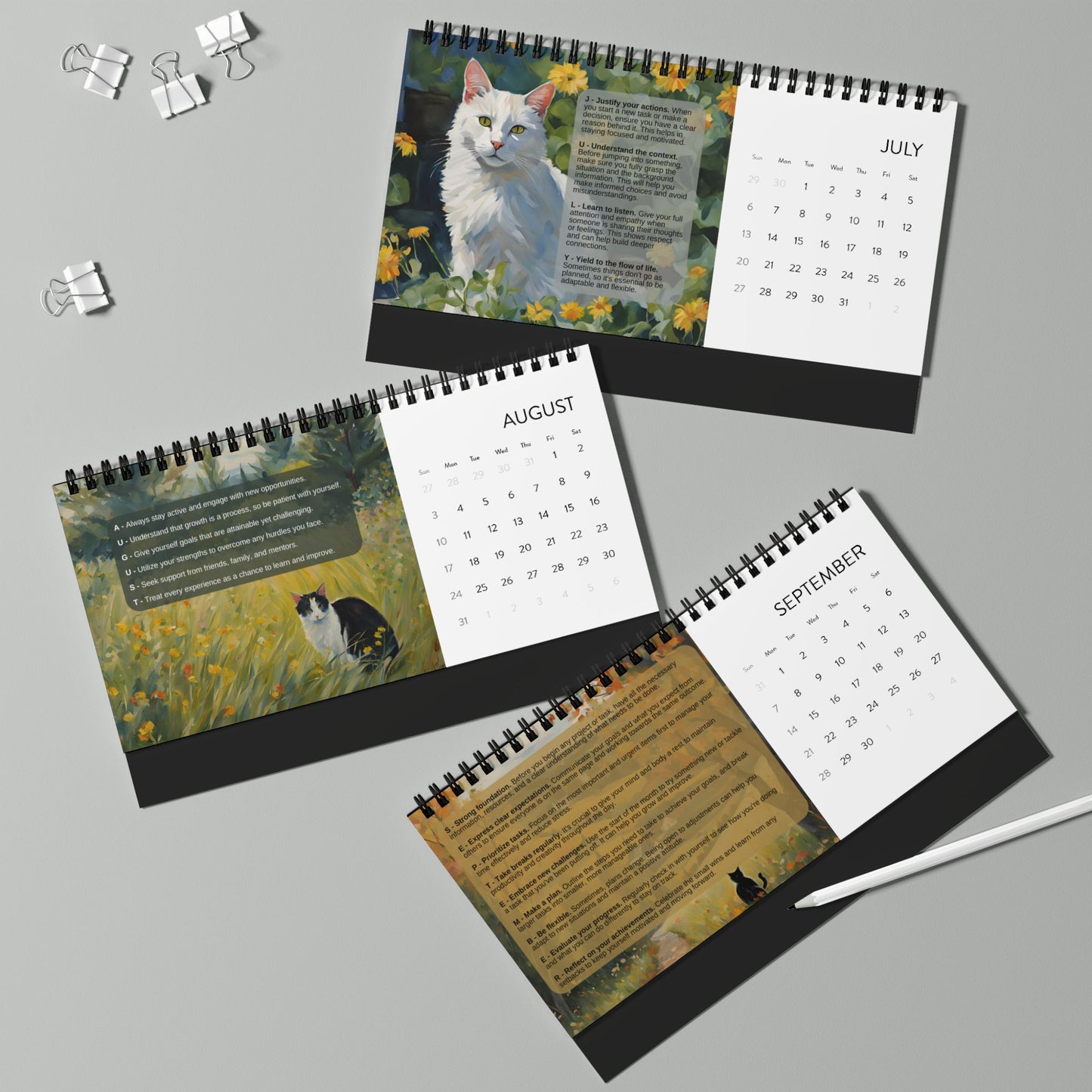 Monthly Words of Wisdom Desktop Cat Calendar (2025 grid)