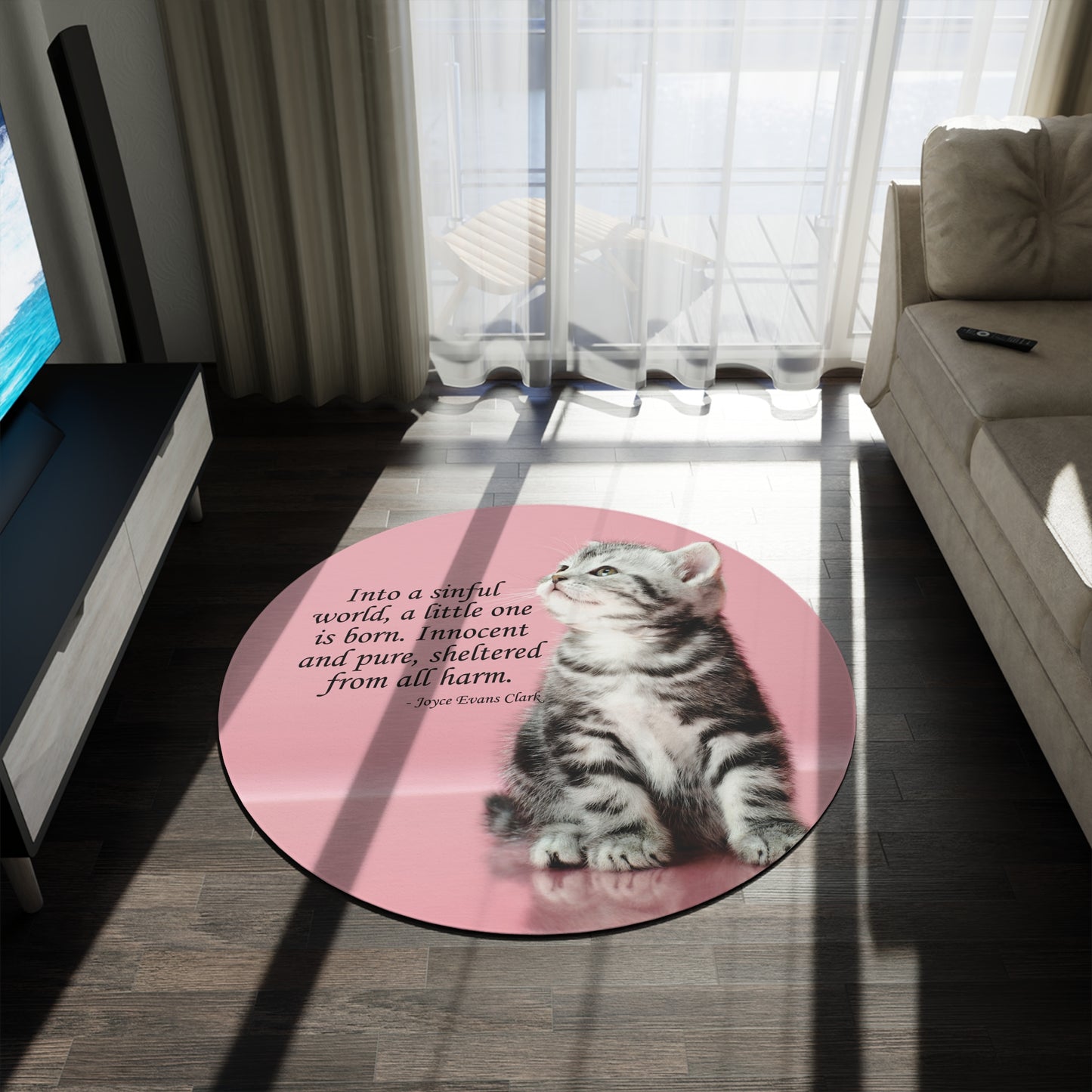 Pink Kitty Poetry Round Rug for Cat Lovers