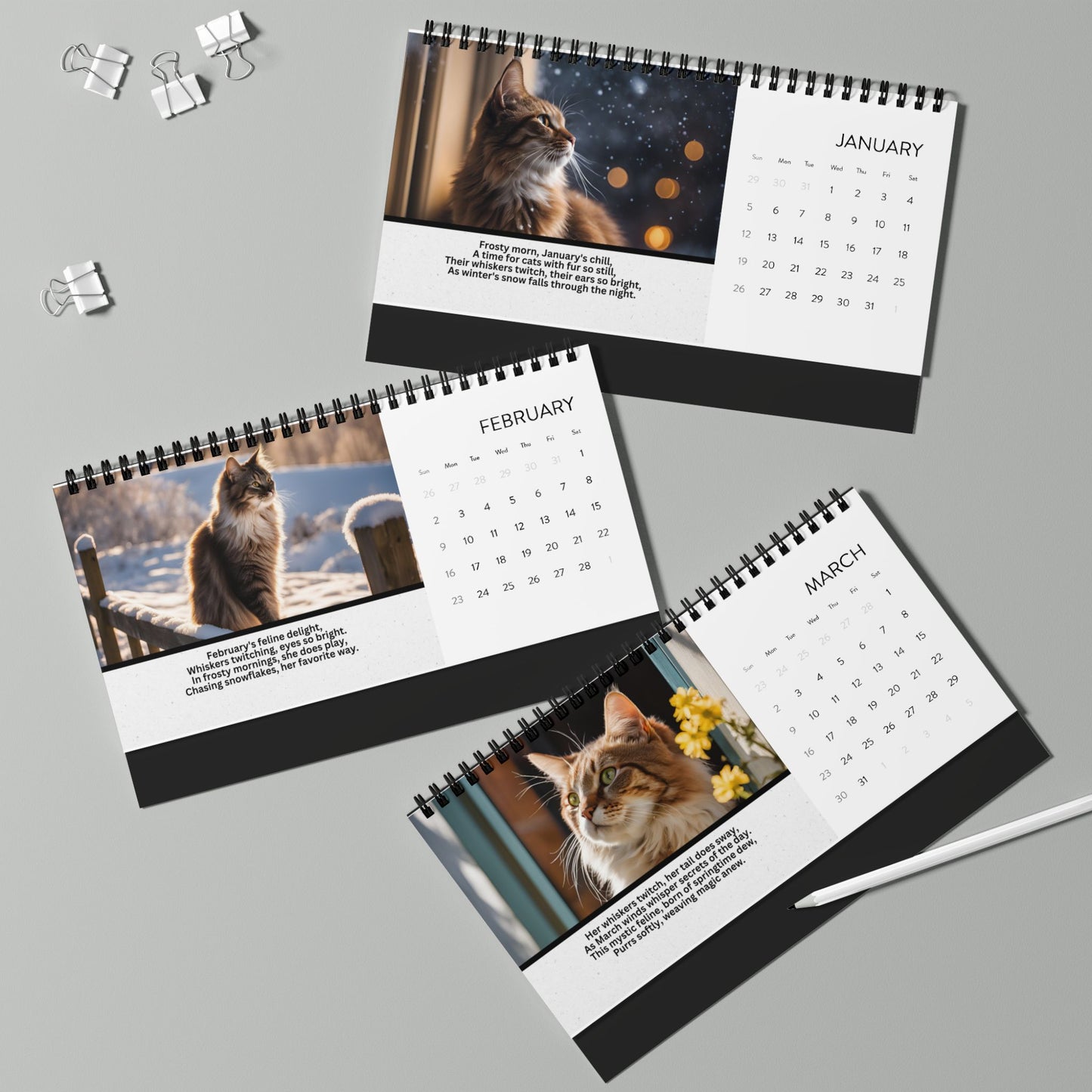 Cat Poetry Month-by-Month Desktop Calendar (2025 grid)