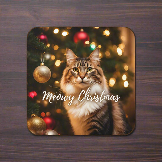 Meowy Christmas Hardboard Back Coaster