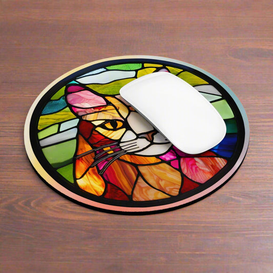 Colorful Cat Stained Glass Mouse Pad - Vibrant Desktop Accessory Printify