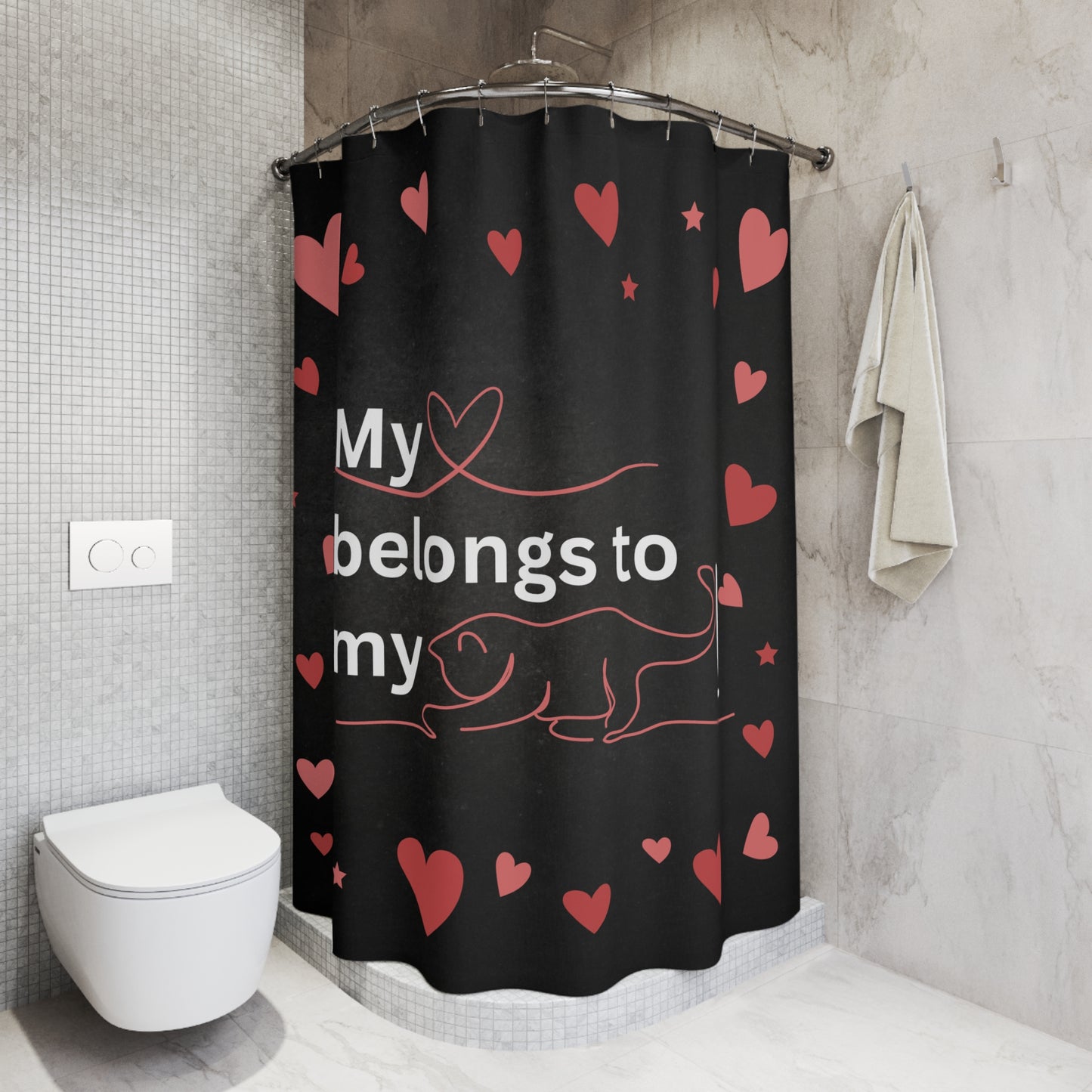 Valentine Cat Shower Curtain - "My Heart Belongs to My Cat"