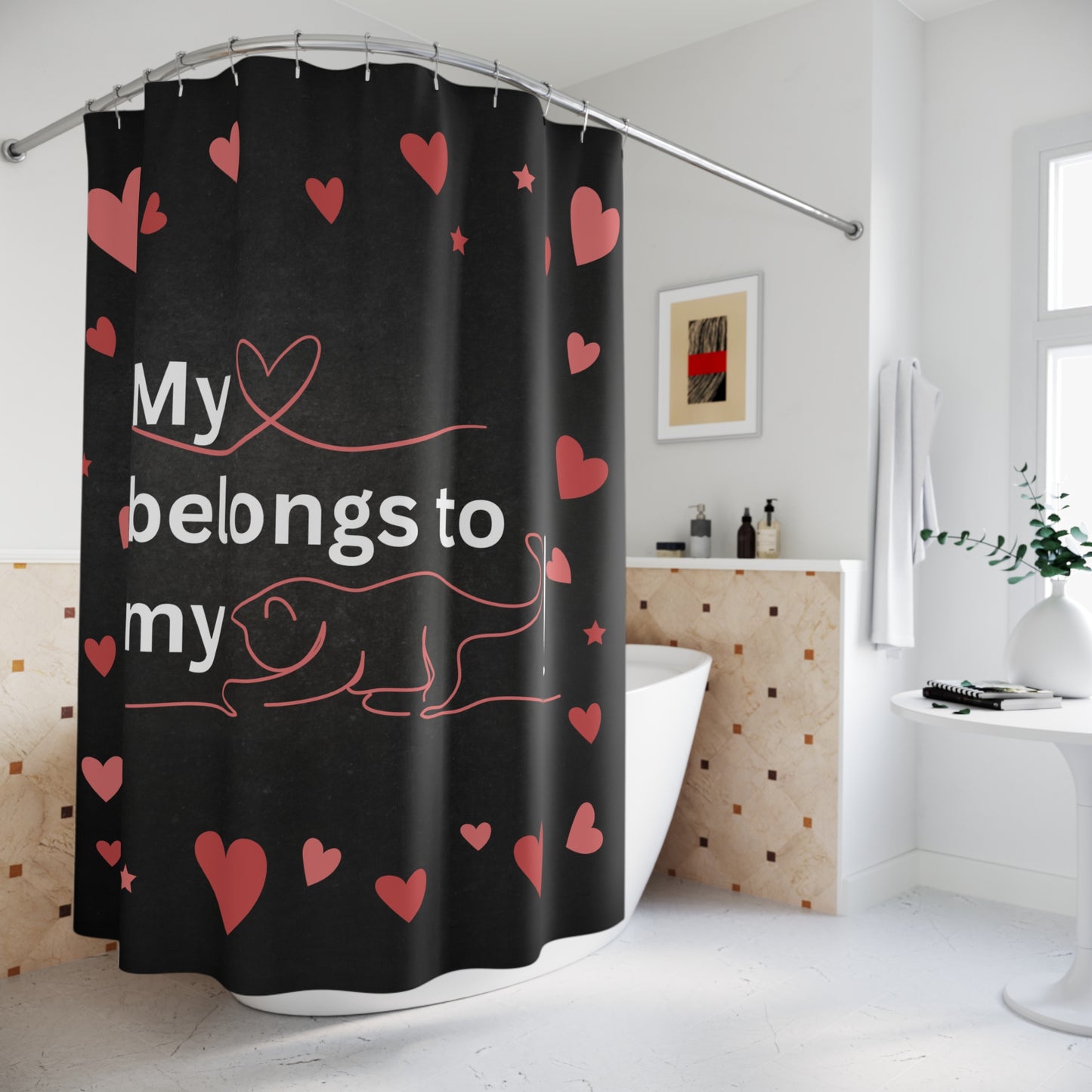 Valentine Cat Shower Curtain - "My Heart Belongs to My Cat"