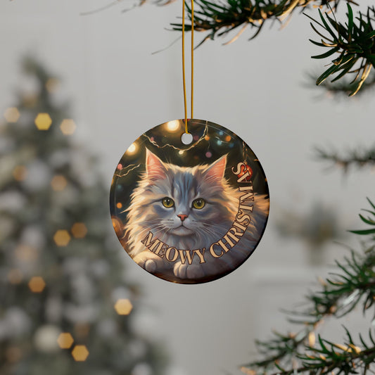 Meowy Christmas White Kitty Ceramic Ornament, 2-Side Print