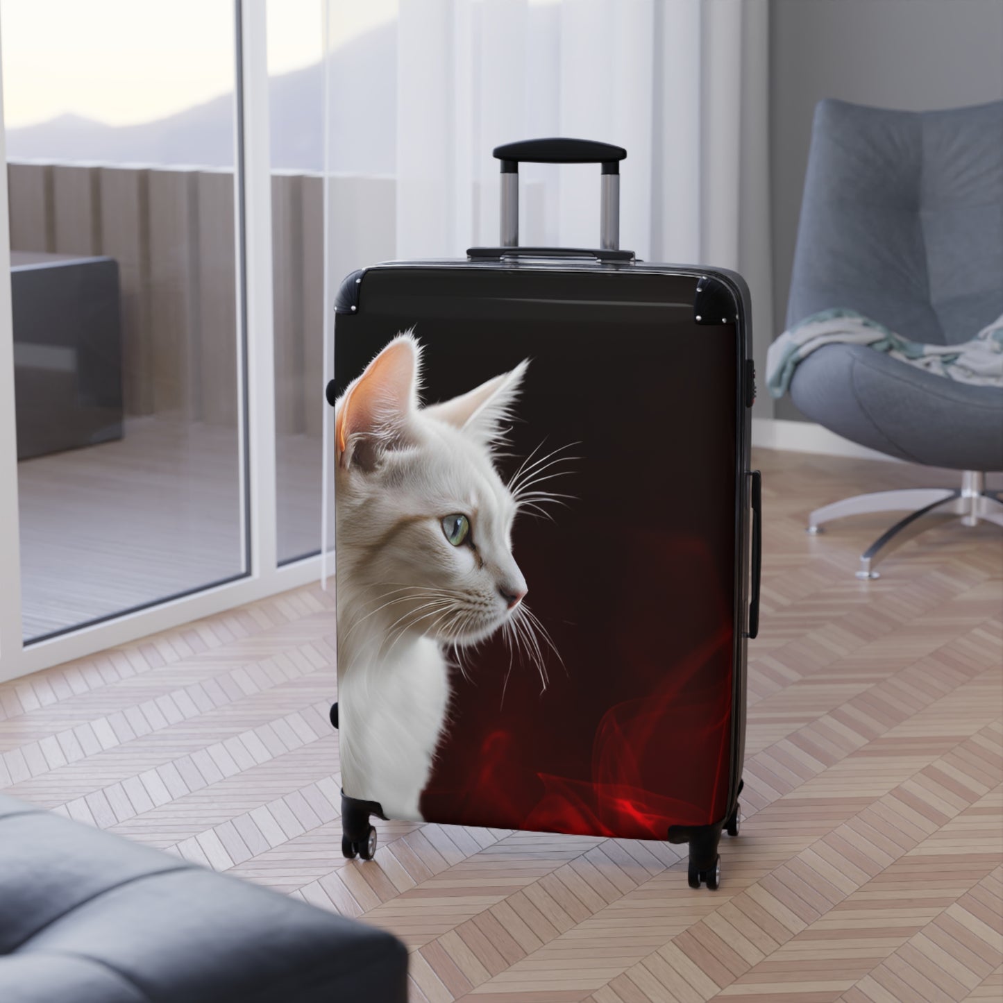 White Cat Design Suitcase - Stylish Travel Luggage for Cat Lovers