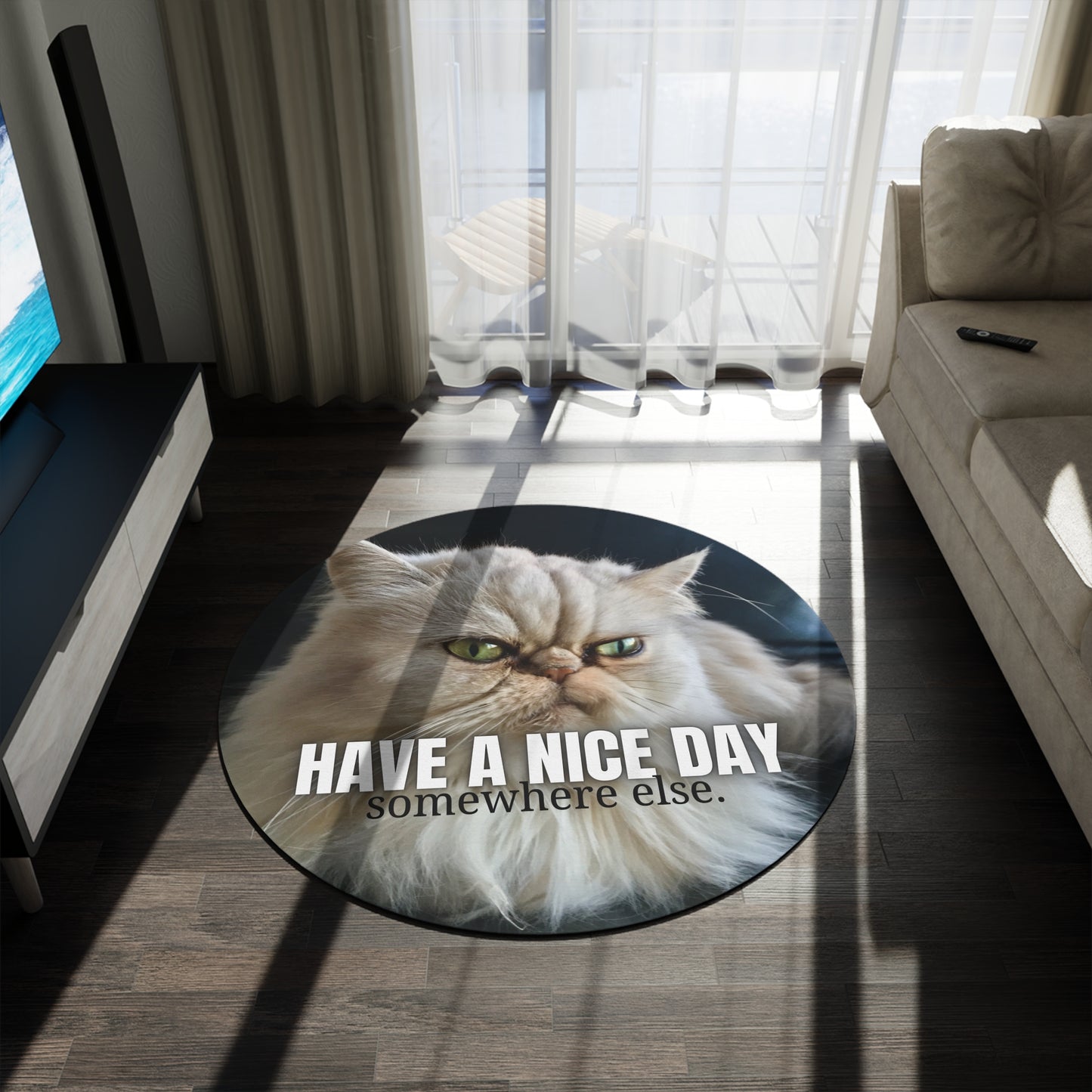 Funny Cat Round Rug – "Have a Nice Day Somewhere Else"