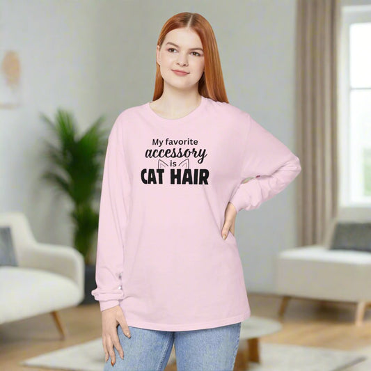 Cat Hair Accessorized Unisex Garment-dyed Long Sleeve T-Shirt