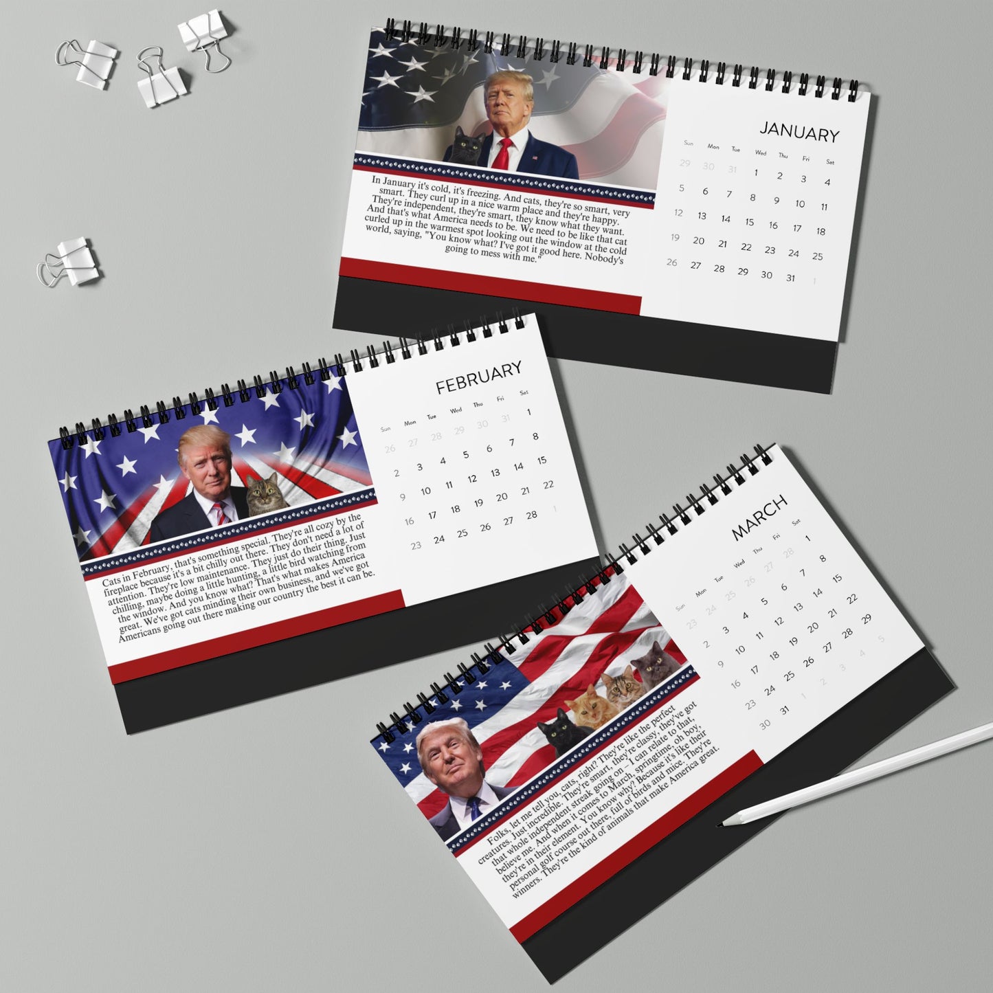 Trump Reflecting on Cats Month-by-Month Desktop Calendar (2025 grid)