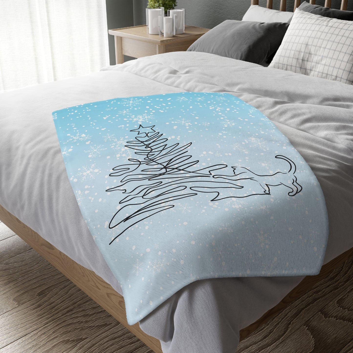 Kitty & Christmas Tree Velveteen Microfiber Blanket (Two-sided print)