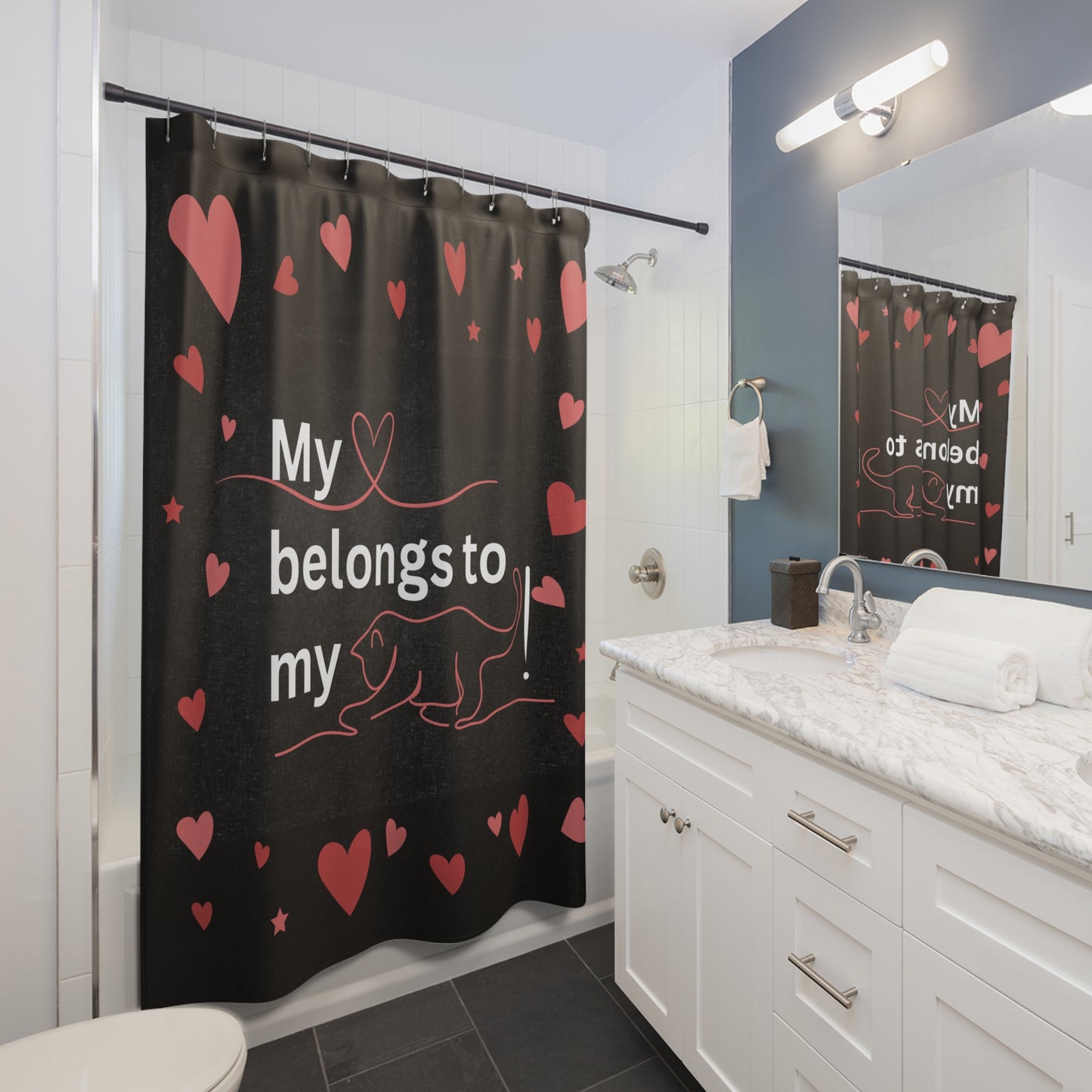 Valentine Cat Shower Curtain - "My Heart Belongs to My Cat"