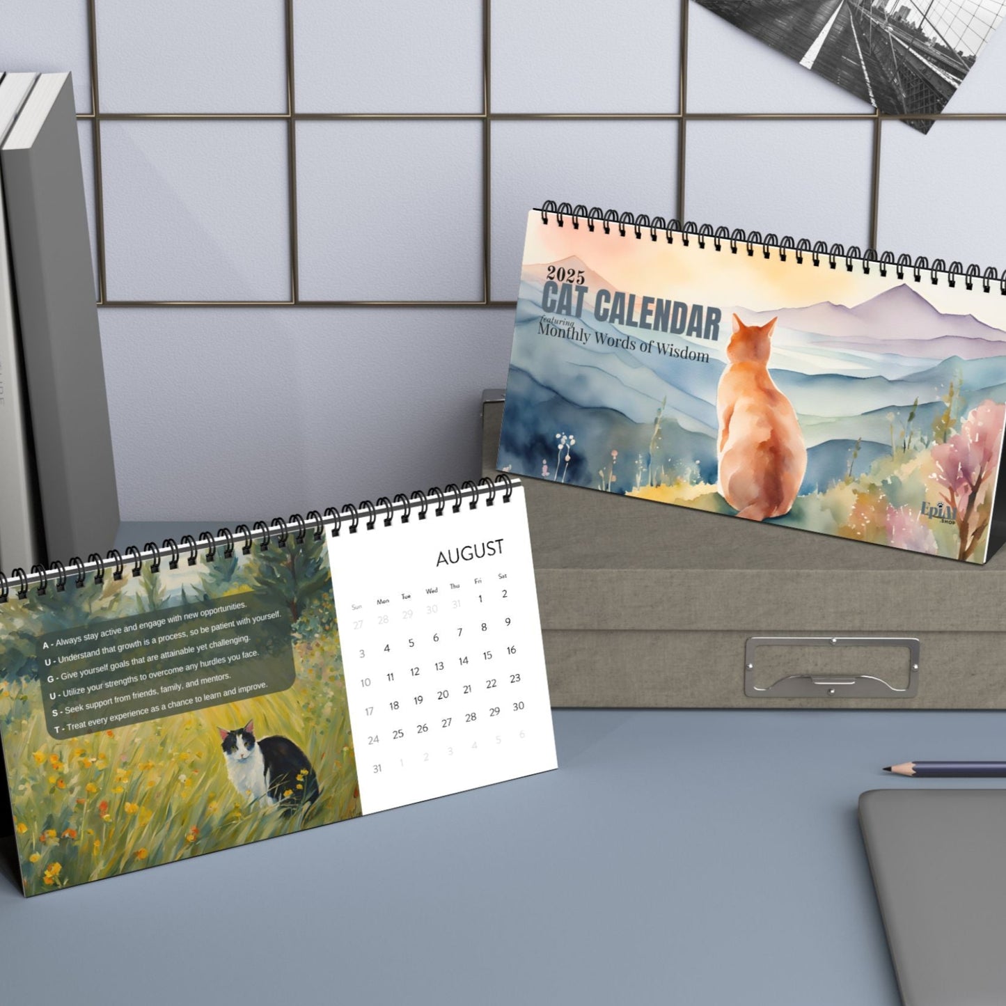 Monthly Words of Wisdom Desktop Cat Calendar (2025 grid)