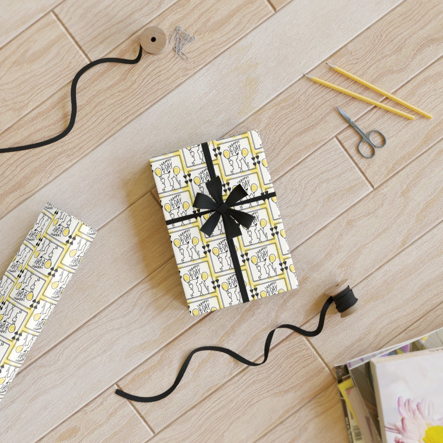 Dog & Cat Black & Yellow Birthday Gift Wrapping Paper Rolls, 1pc