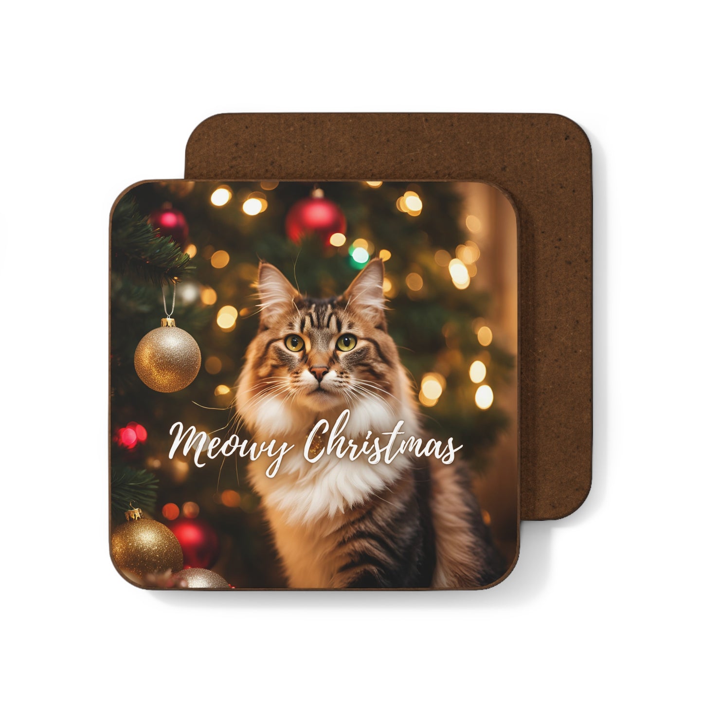 Meowy Christmas Hardboard Back Coaster