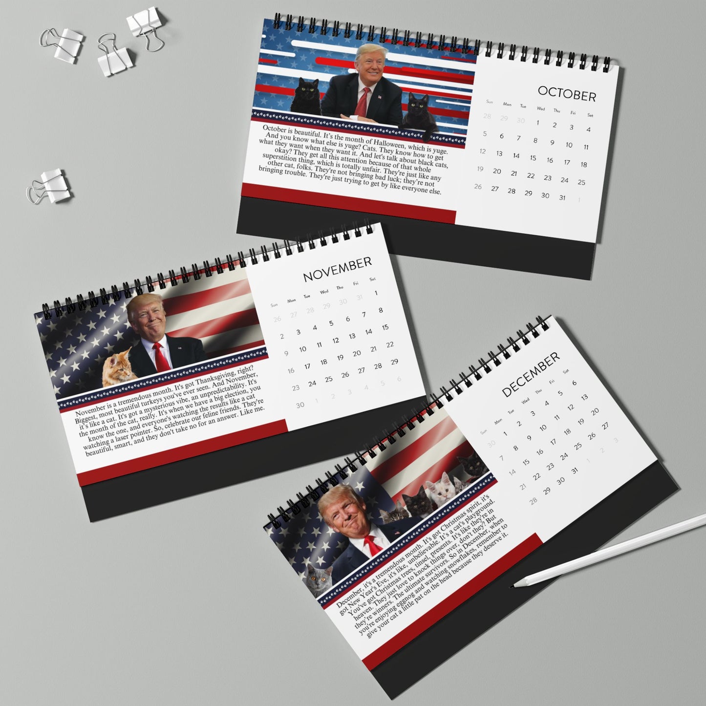 Trump Reflecting on Cats Month-by-Month Desktop Calendar (2025 grid)