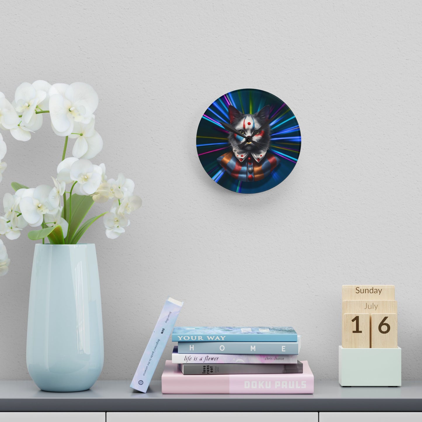 Colorful Cat Clown Acrylic Wall Clock - Whimsical Home Decor