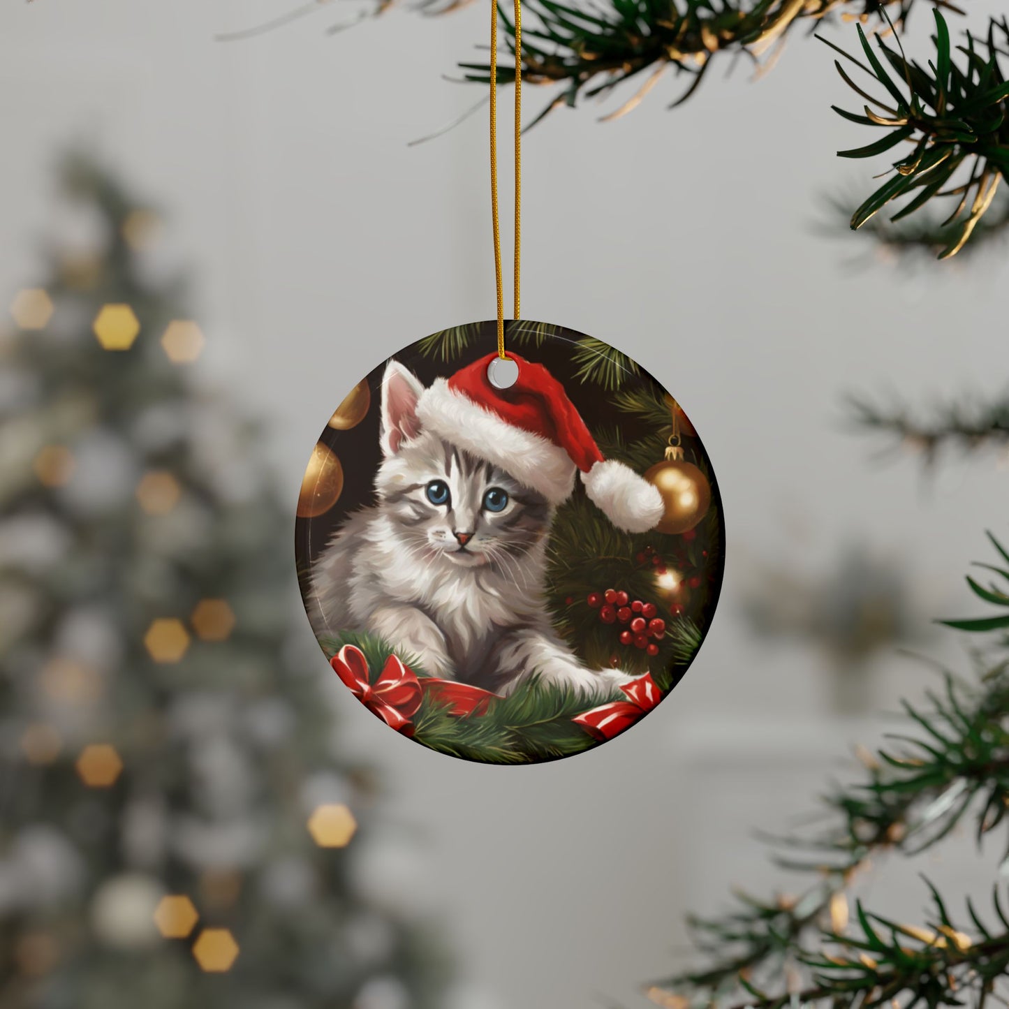 Christmas Kitten Ceramic Ornaments, 2-Side Print, (1pc, 3pcs, 5pcs, 10pcs)