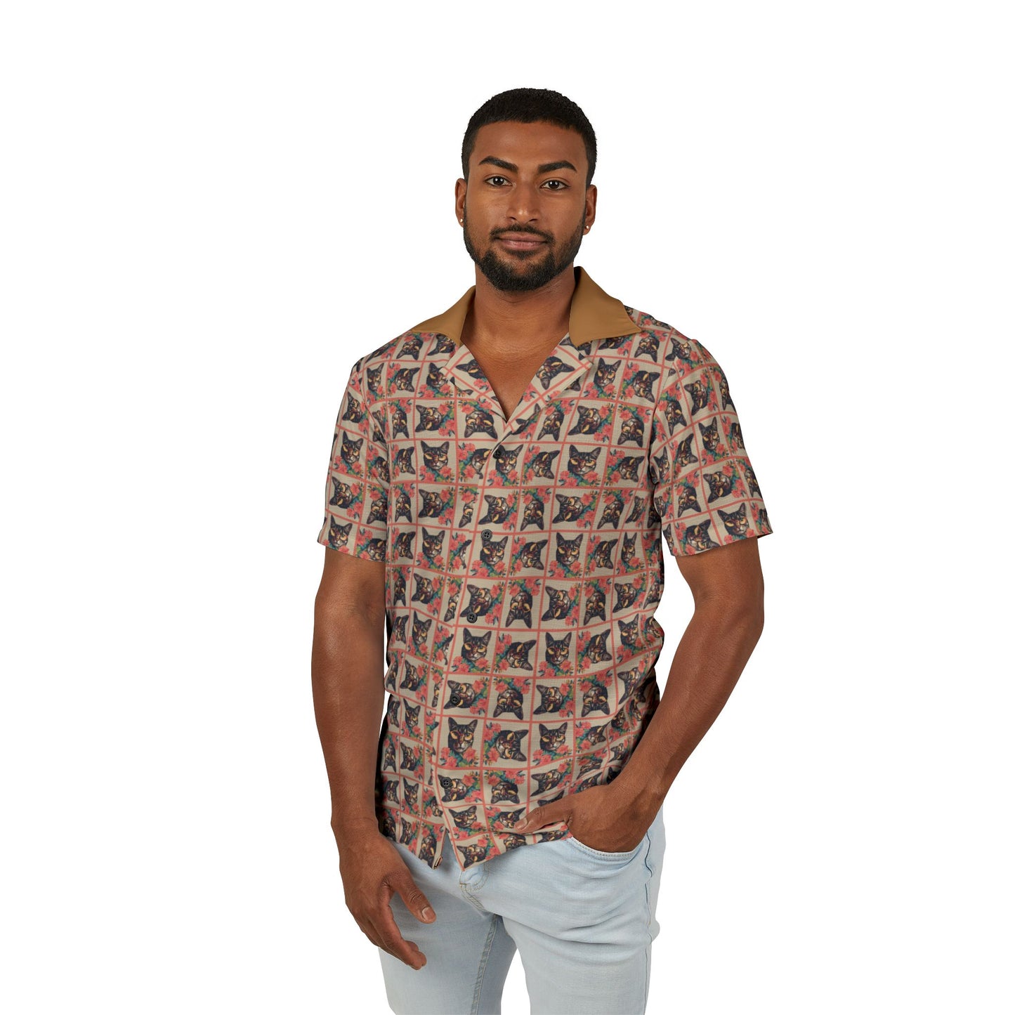 Four-Eyed Tropical Kitties Men's Hawaiian Camp Shirt