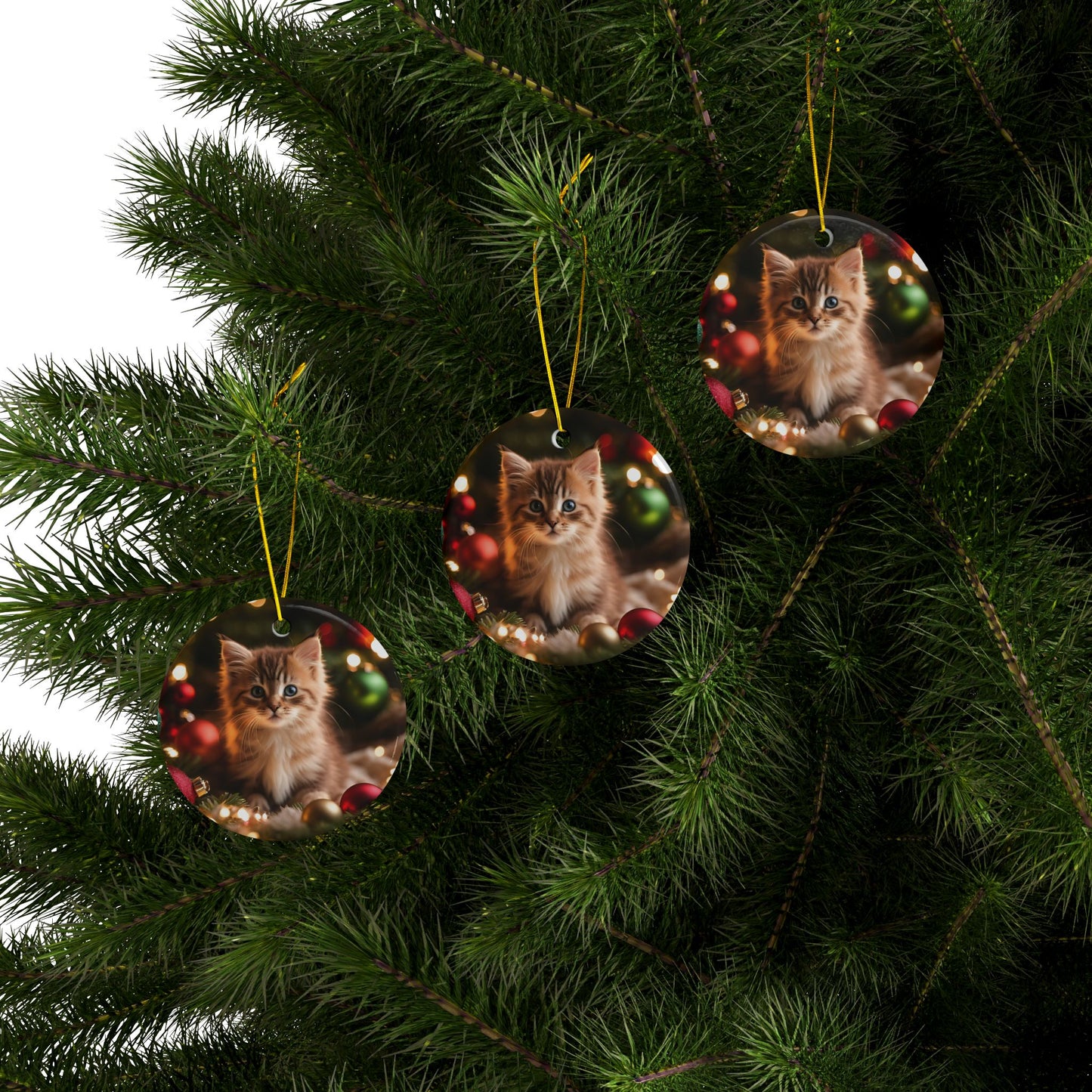 Cute Kitten Christmas Ceramic Ornaments, 2-Side Print, (1pc, 3pcs, 5pcs, 10pcs)