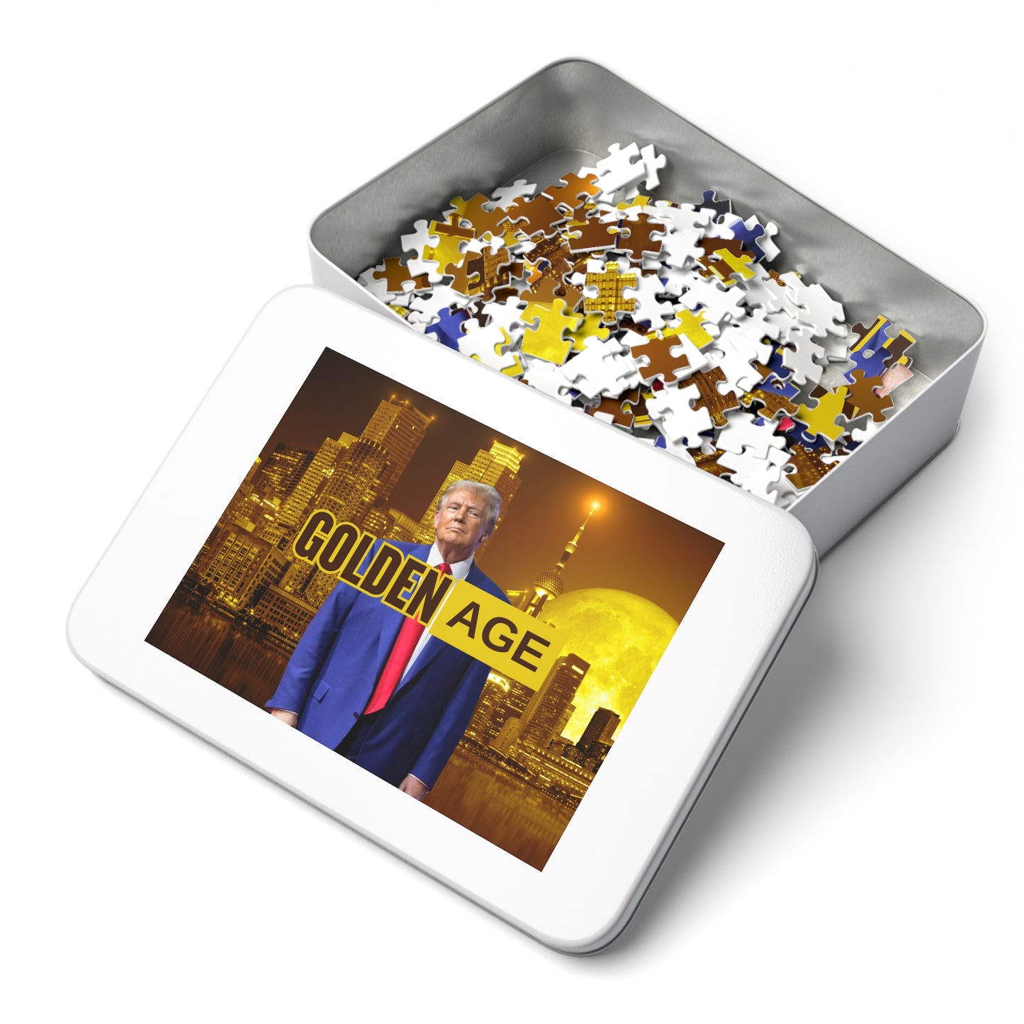 Trump's Golden Age Jigsaw Puzzle with Tin