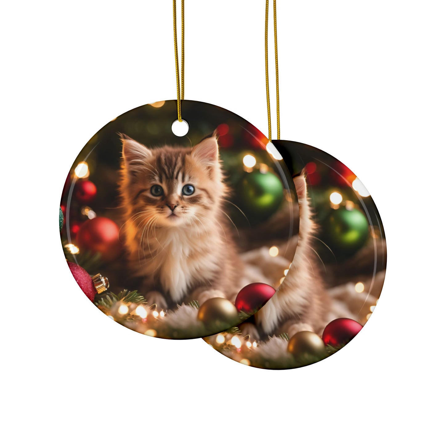 Cute Kitten Christmas Ceramic Ornaments, 2-Side Print, (1pc, 3pcs, 5pcs, 10pcs)