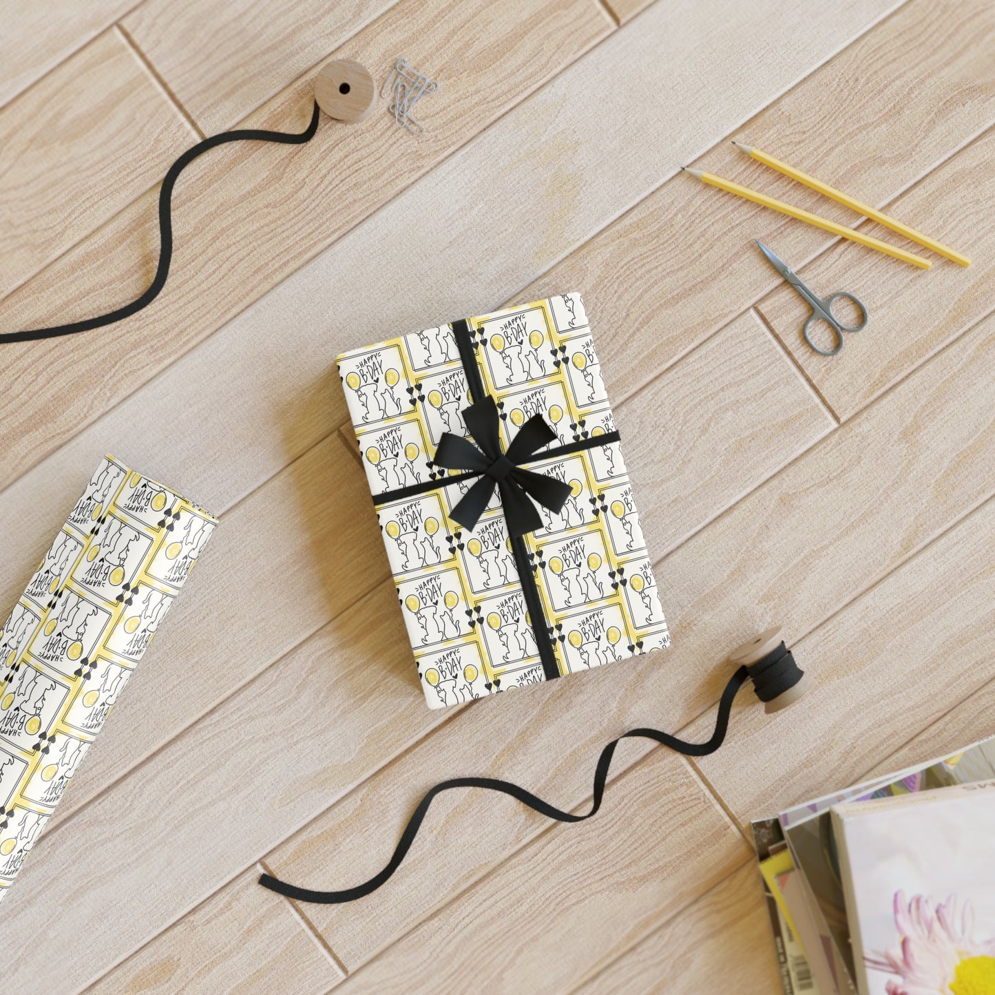 Dog & Cat Black & Yellow Birthday Gift Wrapping Paper Rolls, 1pc