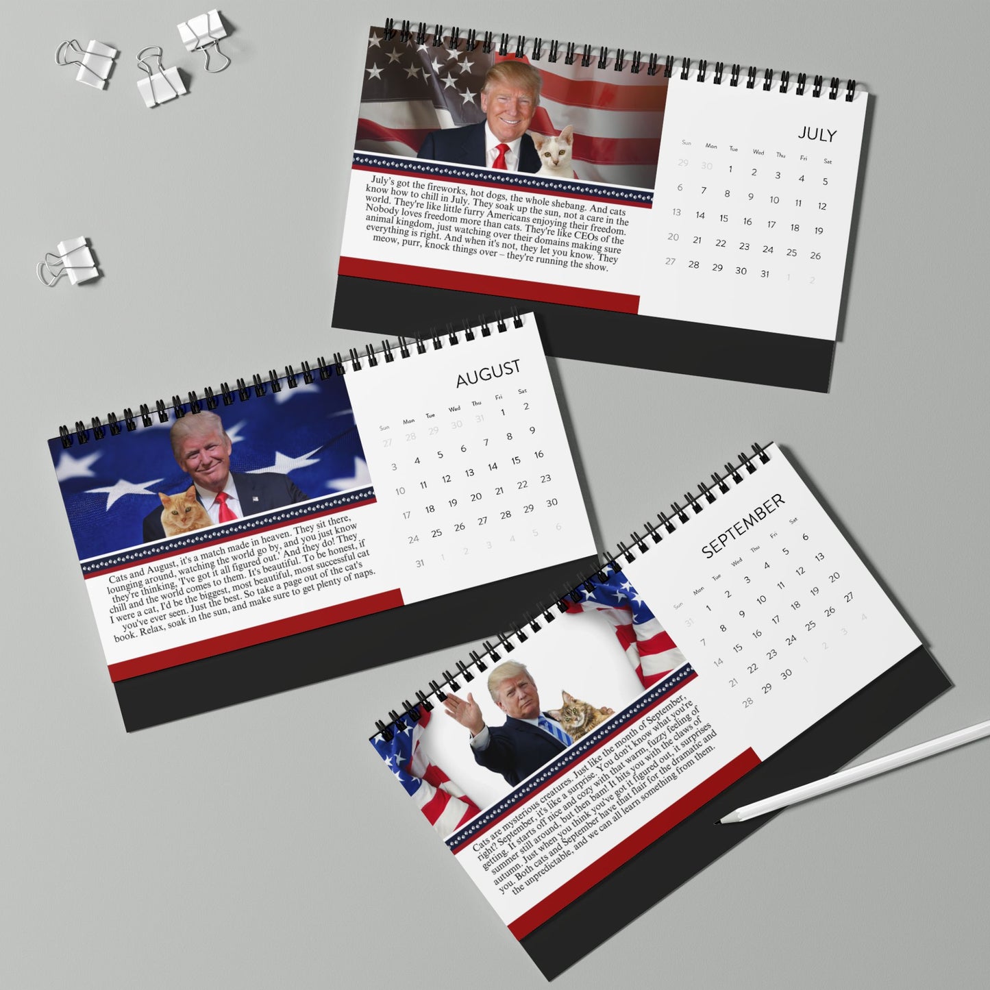 Trump Reflecting on Cats Month-by-Month Desktop Calendar (2025 grid)