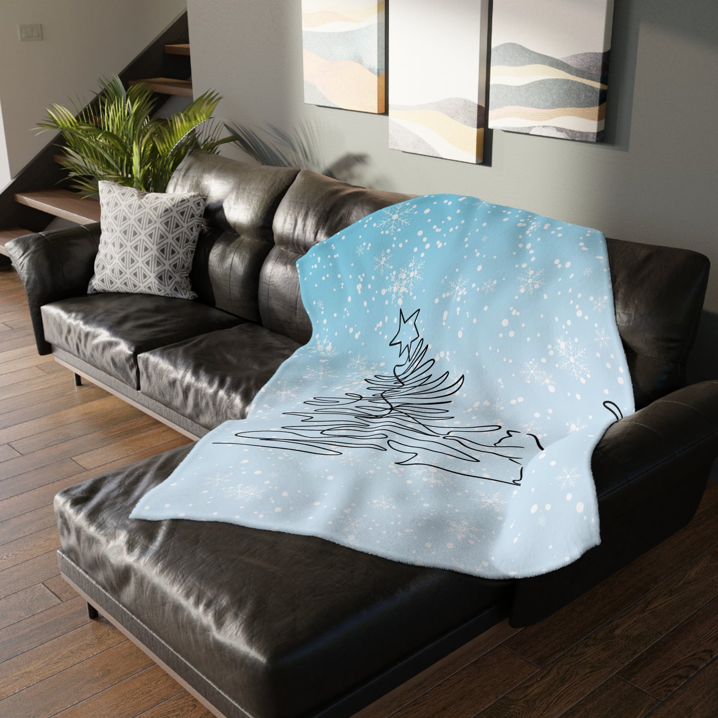 Kitty & Christmas Tree Velveteen Microfiber Blanket (Two-sided print)