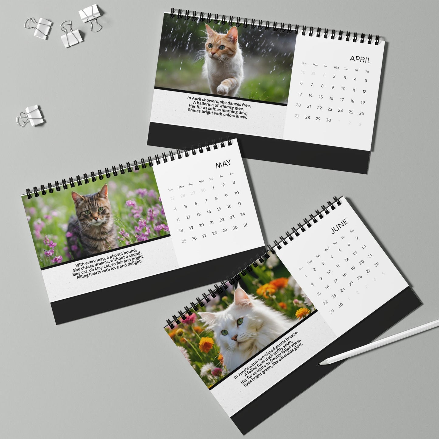 Cat Poetry Month-by-Month Desktop Calendar (2025 grid)