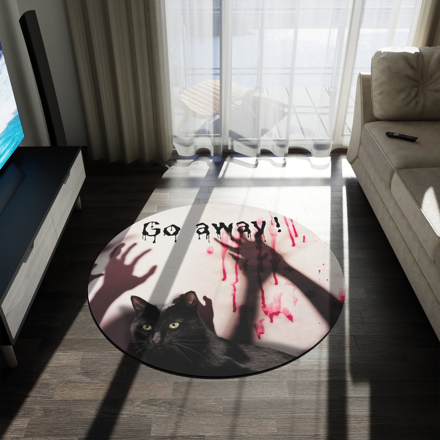 Spooky Cat Round Rug - 'Go Away!' Halloween Decor