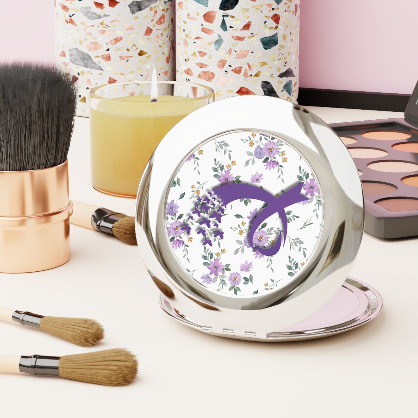 Purple Ribbon Butterfly Compact Travel Mirror