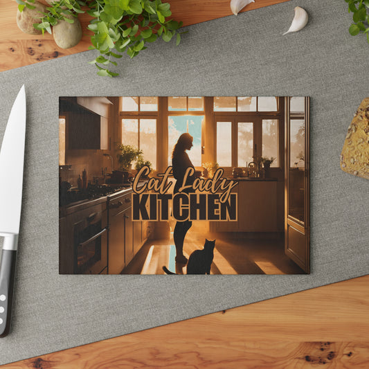 Sunset Cat Lady Kitchen Glass Cutting Board