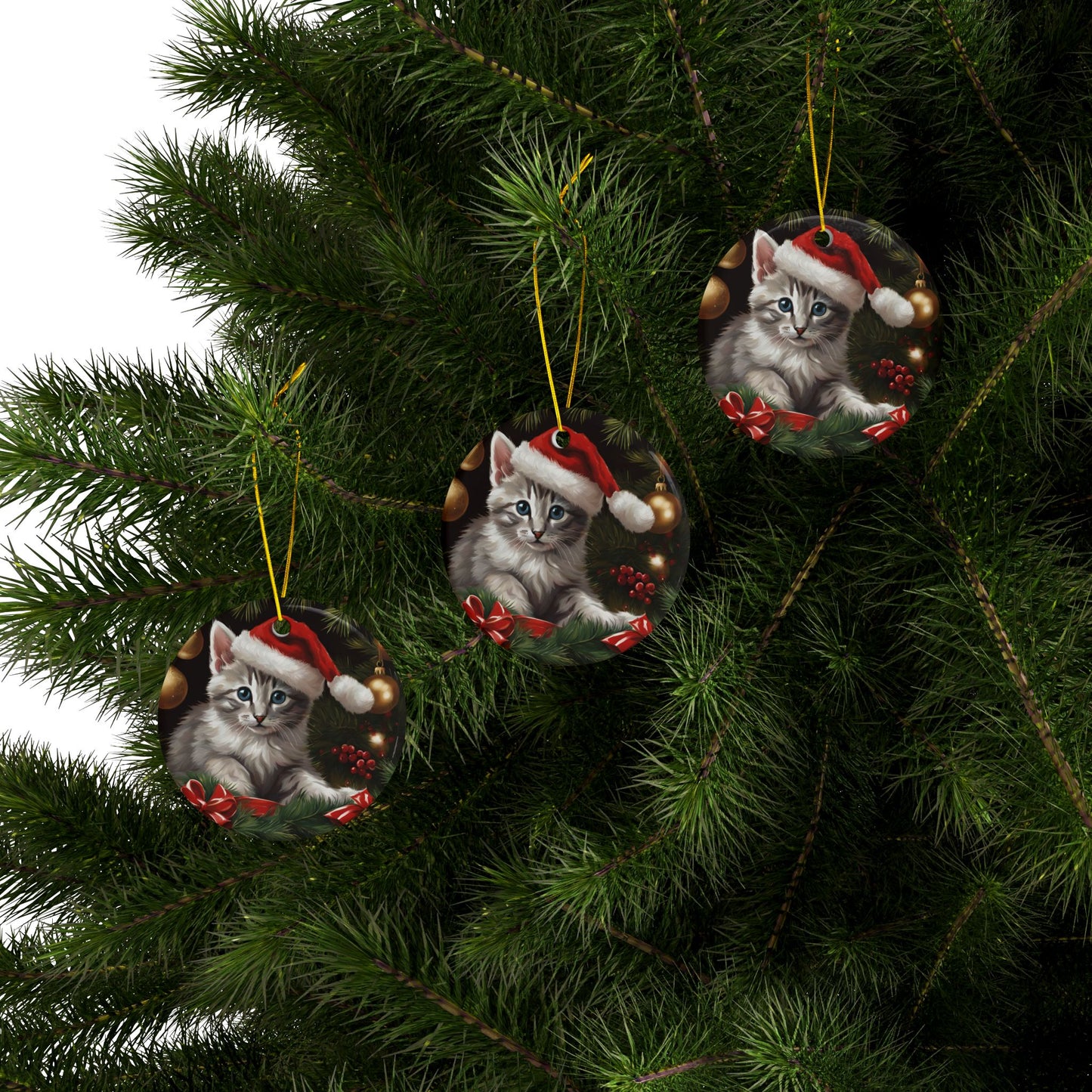 Christmas Kitten Ceramic Ornaments, 2-Side Print, (1pc, 3pcs, 5pcs, 10pcs)