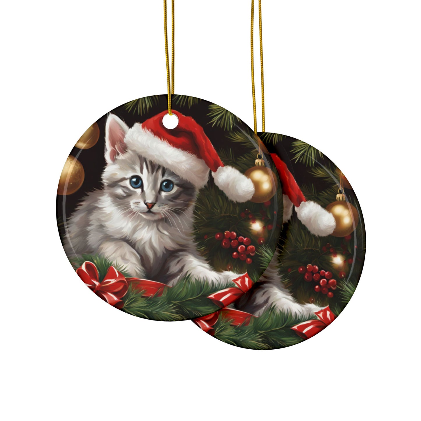 Christmas Kitten Ceramic Ornaments, 2-Side Print, (1pc, 3pcs, 5pcs, 10pcs)