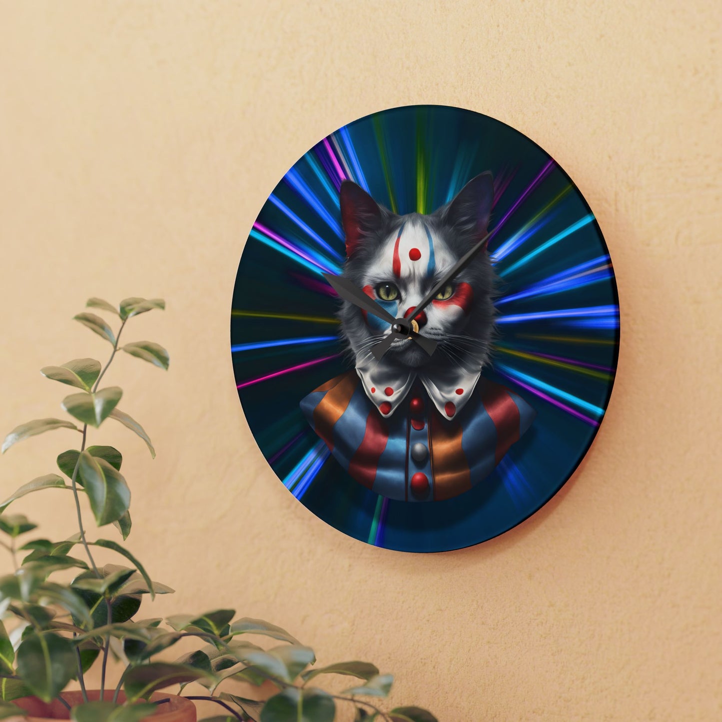 Colorful Cat Clown Acrylic Wall Clock - Whimsical Home Decor