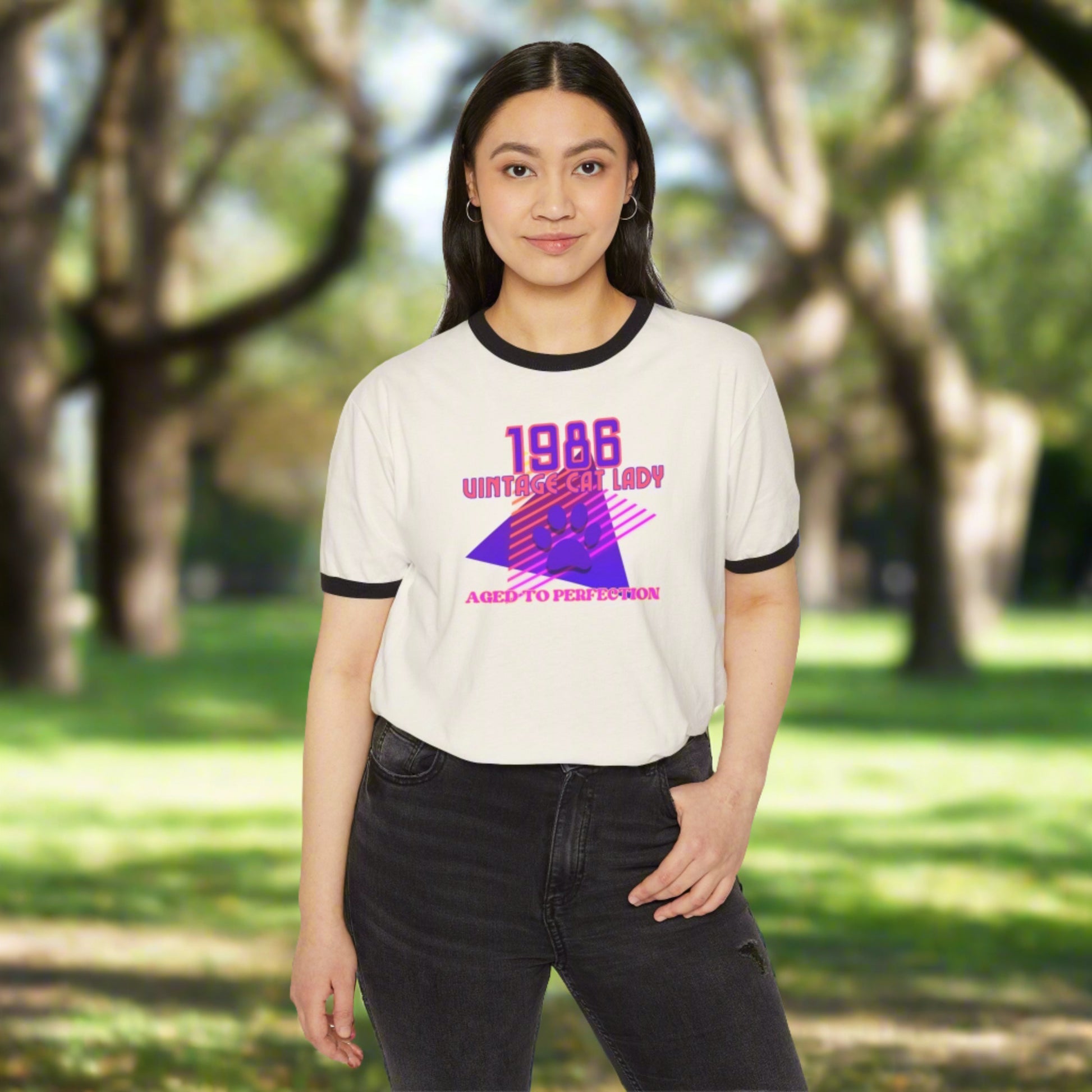 1986 Vintage Cat Lady Cotton Ringer T - Shirt - T - Shirt - Epileptic Al’s Shop