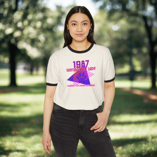 1987 Vintage Cat Lady Cotton Ringer T - Shirt - T - Shirt - Epileptic Al’s Shop