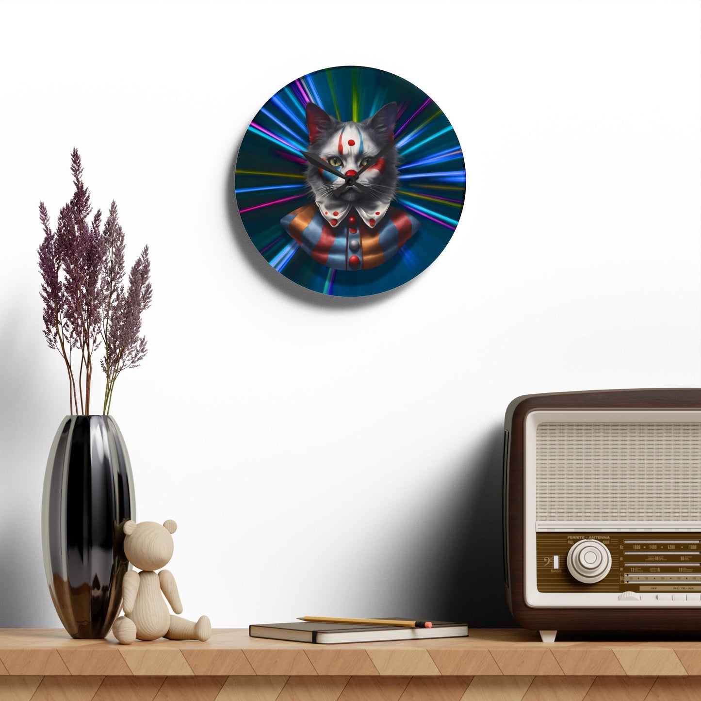 Colorful Cat Clown Acrylic Wall Clock - Whimsical Home Decor