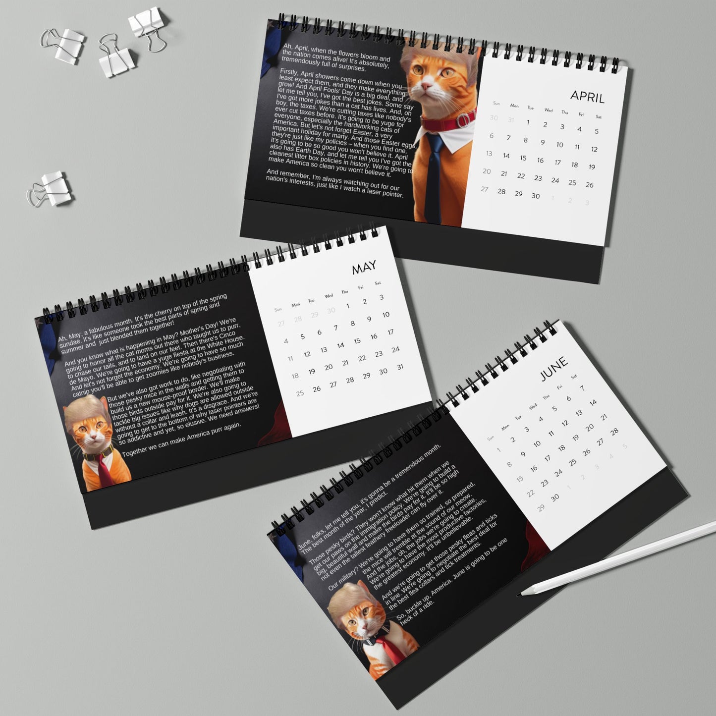 Trump Cat's Month-by-Month Desktop Calendar (2025 grid)