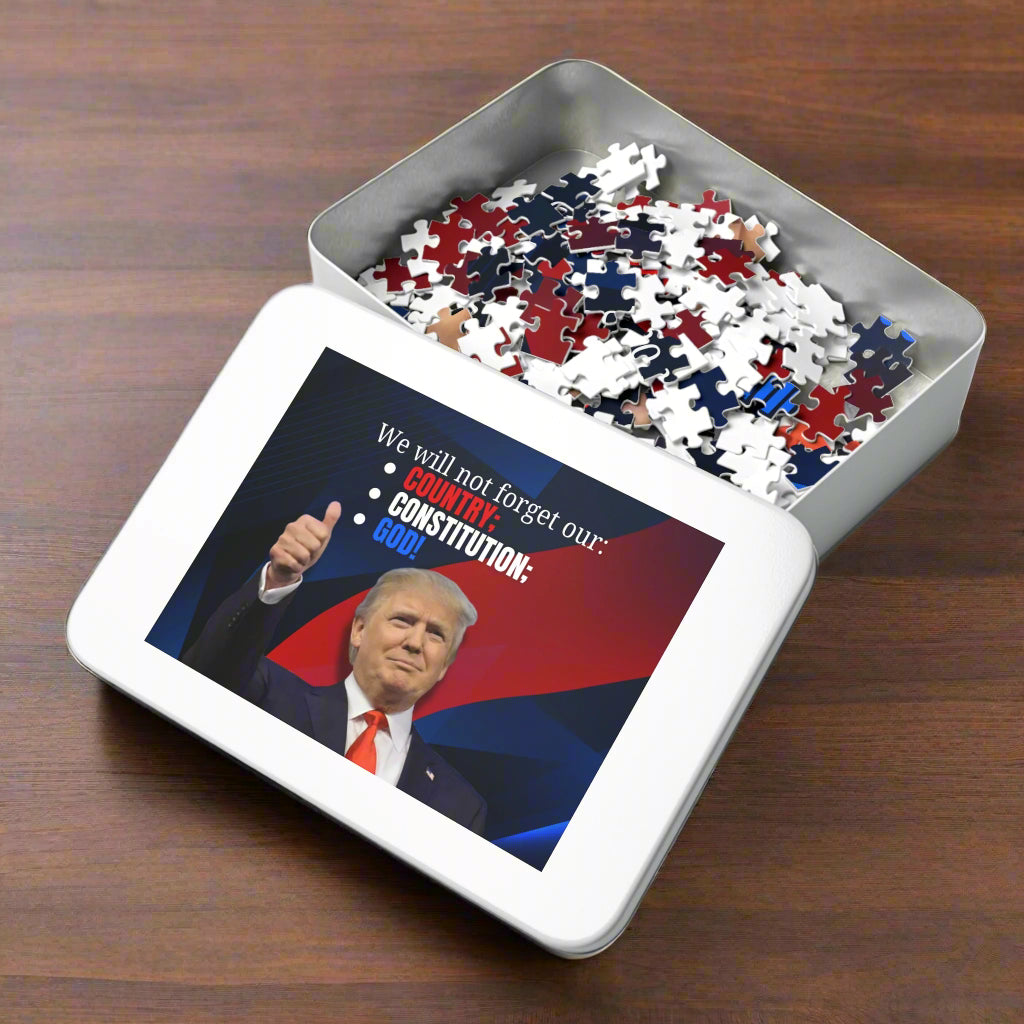 Donald Trump Jigsaw Puzzle with Tin