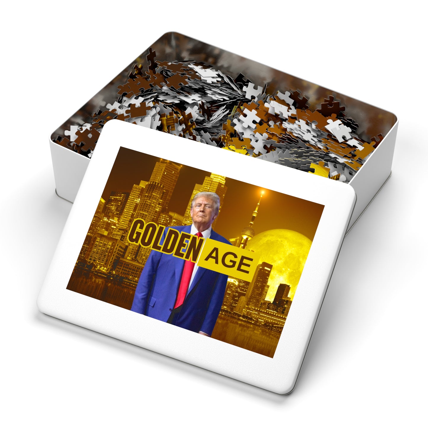 Trump's Golden Age Jigsaw Puzzle with Tin