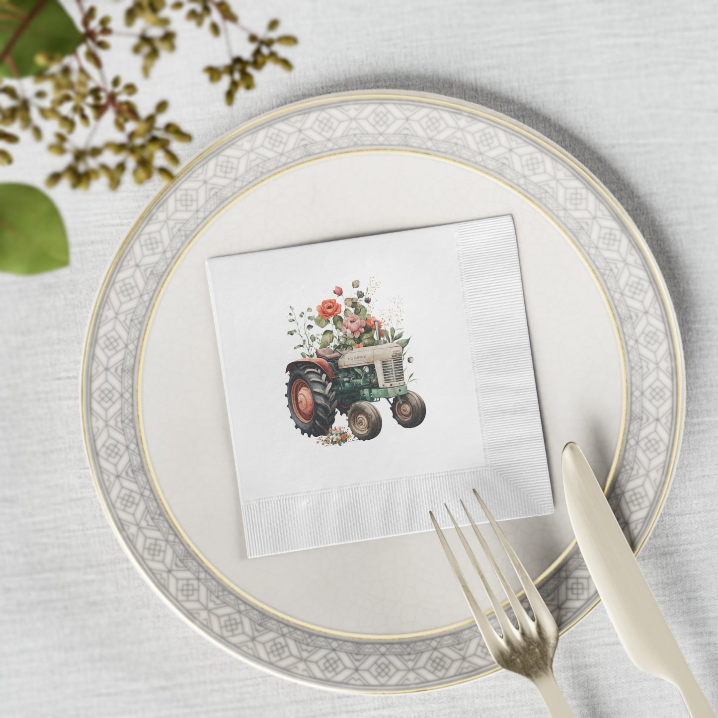 Vintage Tractor White Coined Napkins