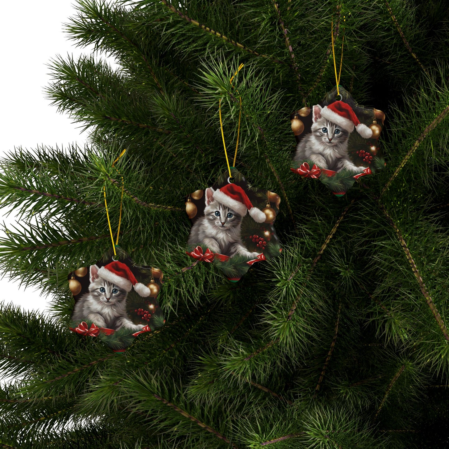 Christmas Kitten Ceramic Ornaments, 2-Side Print, (1pc, 3pcs, 5pcs, 10pcs)