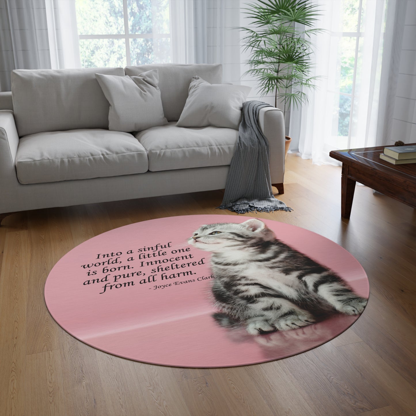 Pink Kitty Poetry Round Rug for Cat Lovers