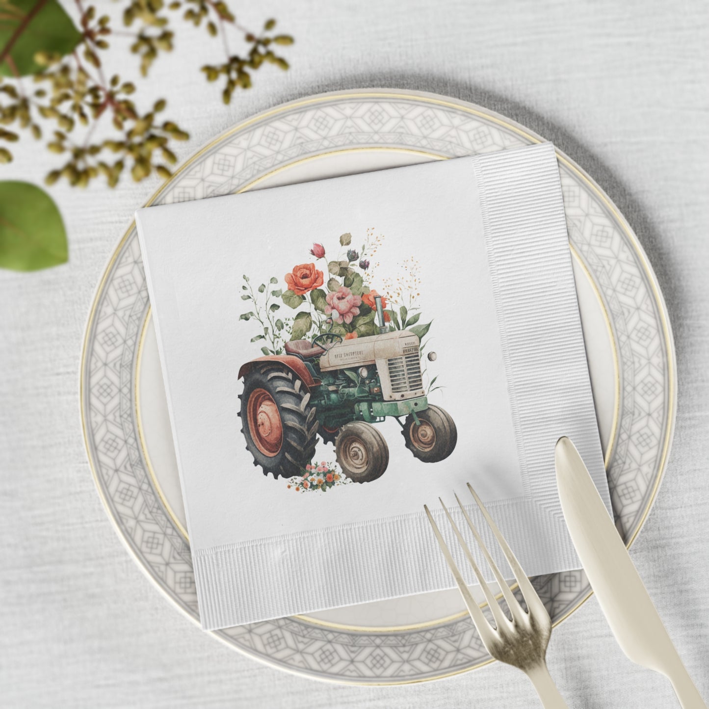 Vintage Tractor White Coined Napkins