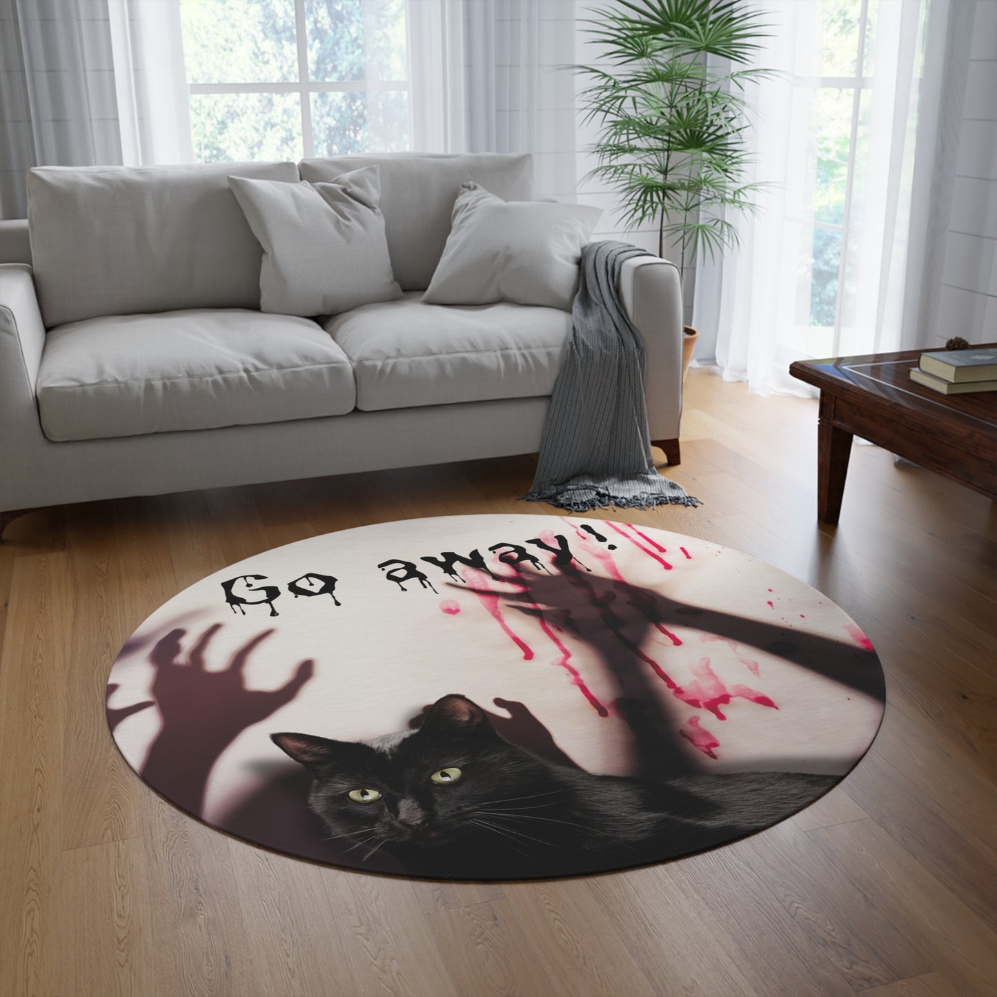 Spooky Cat Round Rug - 'Go Away!' Halloween Decor