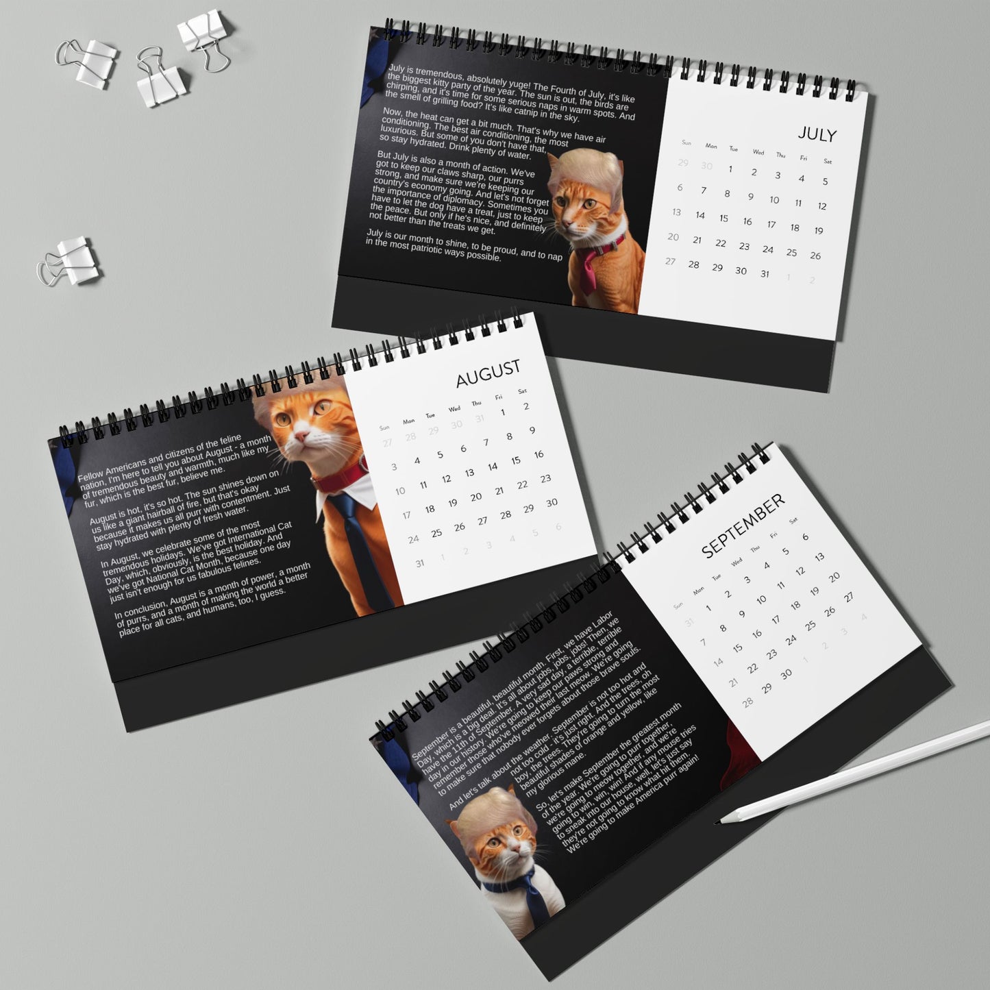 Trump Cat's Month-by-Month Desktop Calendar (2025 grid)