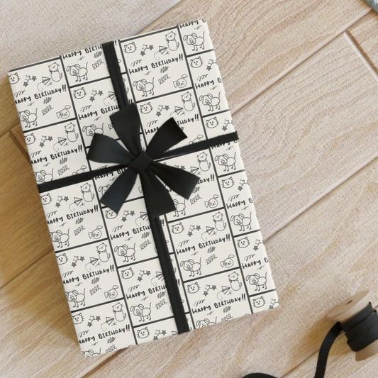 Sketched Puppies & Kitties Birthday Gift Wrapping Paper Rolls, 1pc