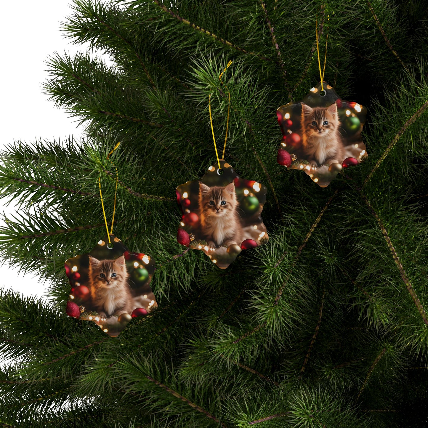 Cute Kitten Christmas Ceramic Ornaments, 2-Side Print, (1pc, 3pcs, 5pcs, 10pcs)